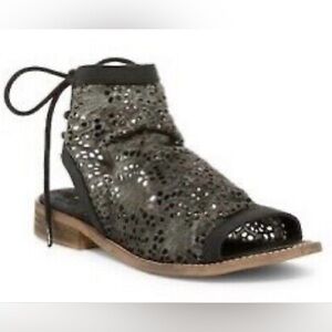 Musse & Cloud Leather fabric Lace Black Gray Sandals Ankle Boho Lagenlook 39 8